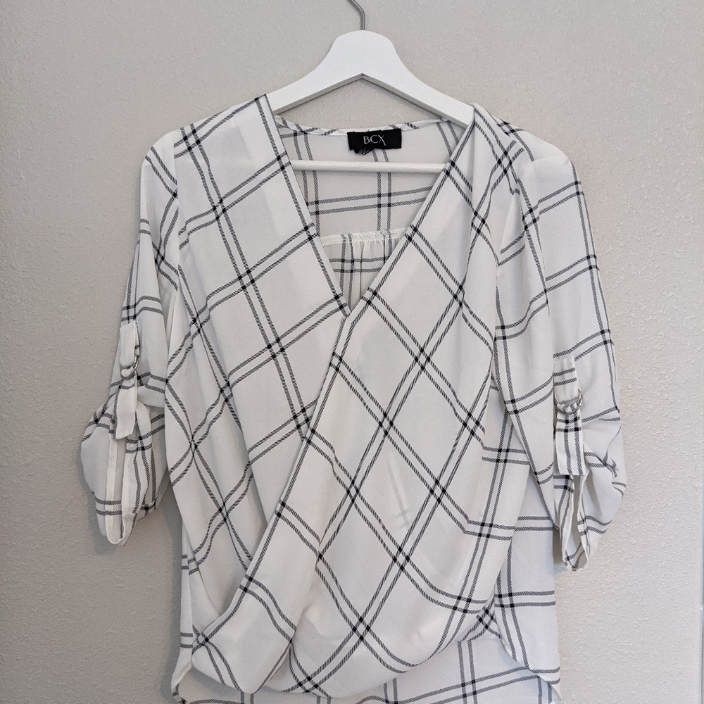 BCX Black & White Window Pane Plaid Blouse